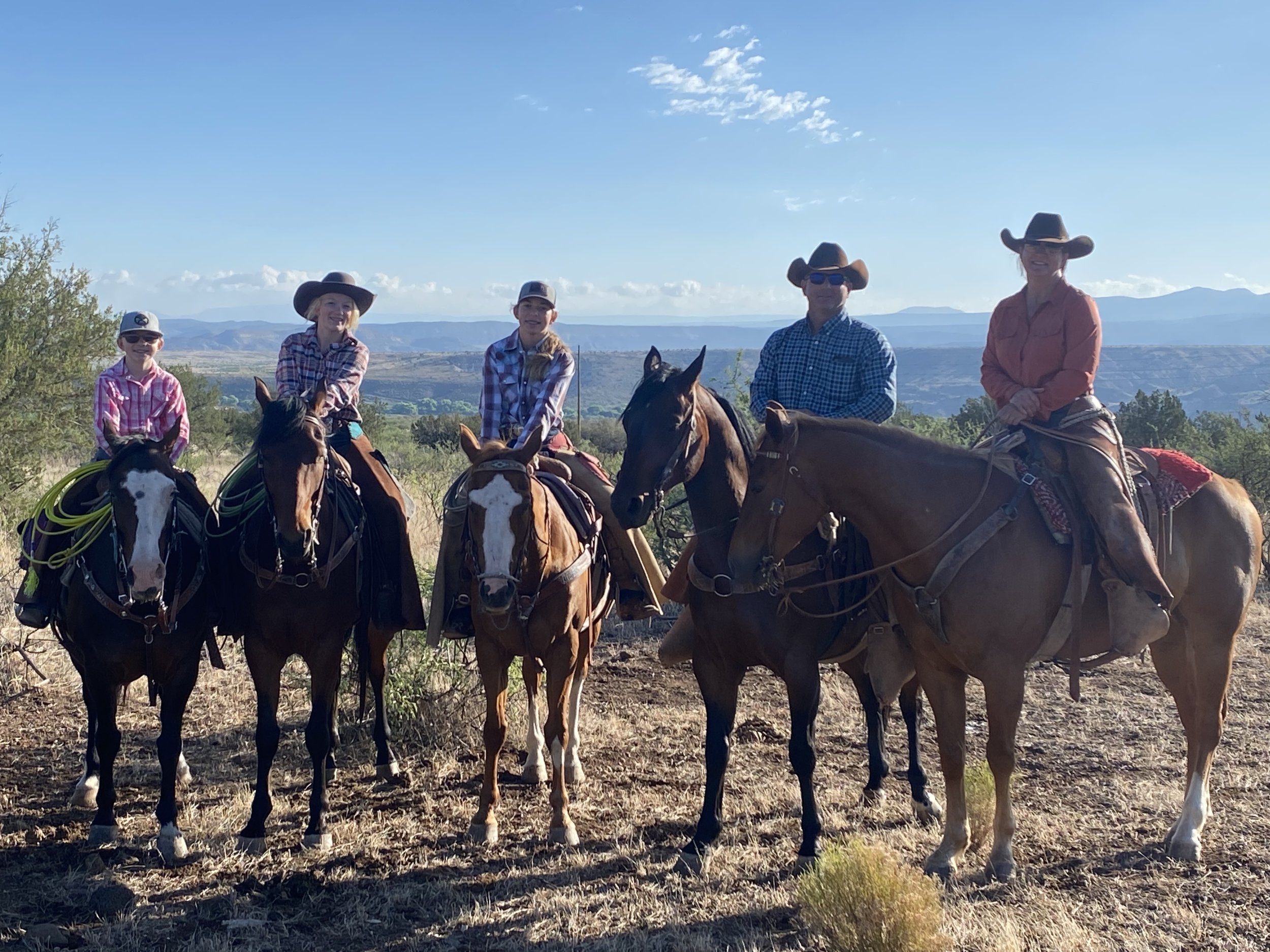 Group of five cowboys and cowgirls on horseback, enjoying a scenic view in a rural landscape. The riders, dressed in plaid shirts and cowboy hats, represent a family-friendly equestrian adventure.